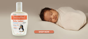 cute brown baby and a dermamed baby lotion